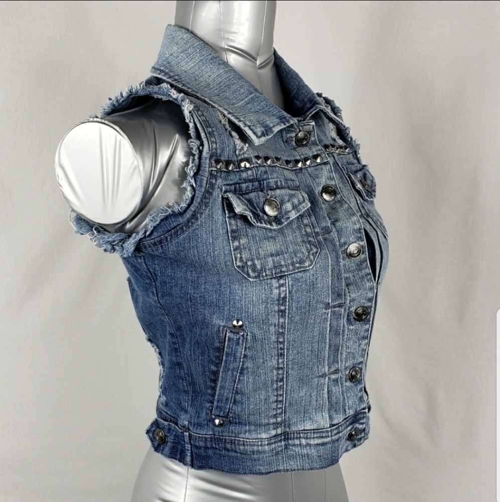 Chocolate Denim Cut Off Spiked Vest - Picture 2 of 6